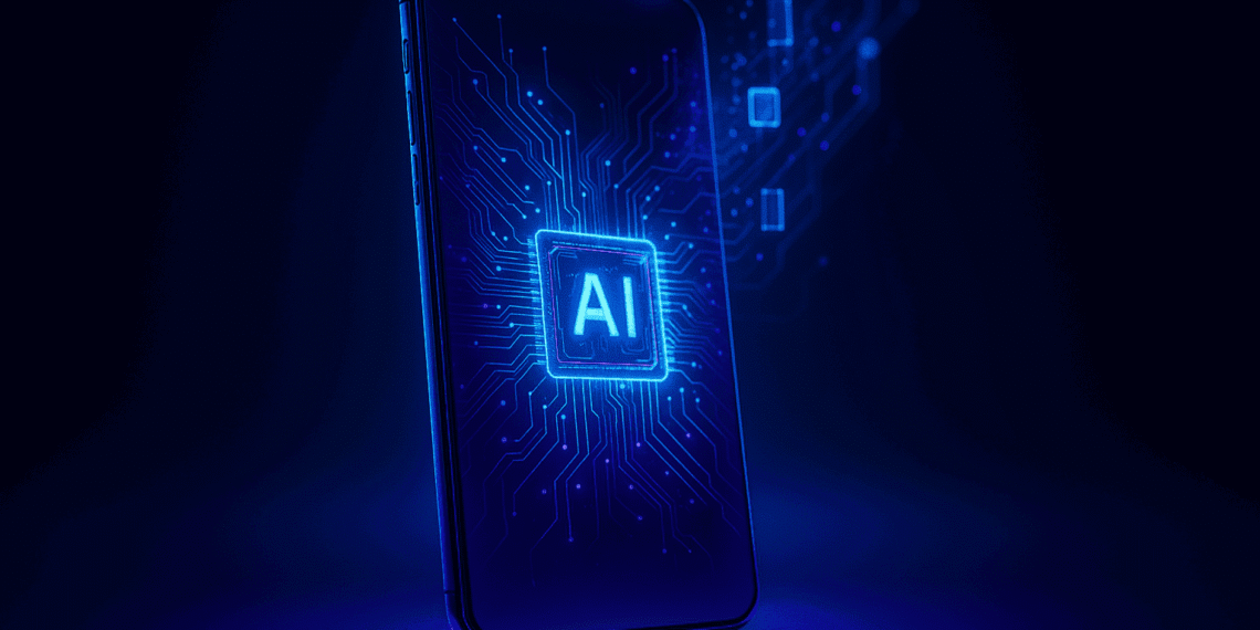 “A futuristic smartphone glowing