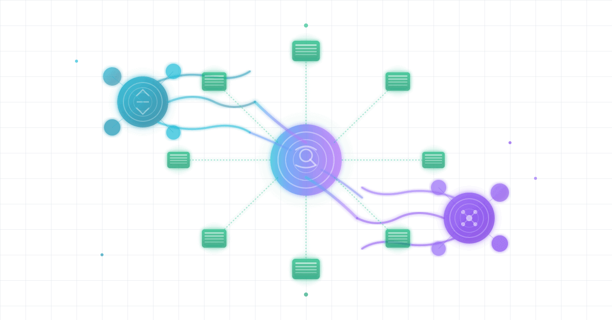 Dual AI search paradigms Perplexity in cyan and Gemini in purple converging into unified intelligent answer generation system in green