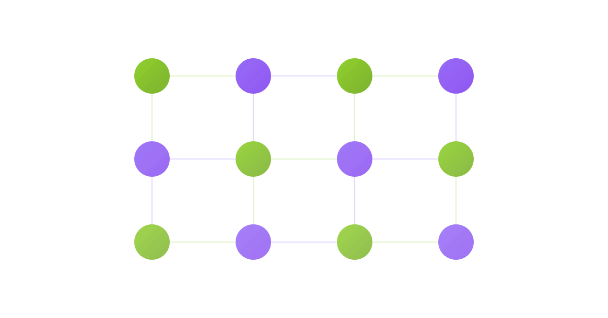 Matrix grid of lime and violet nodes in organized rows and columns
