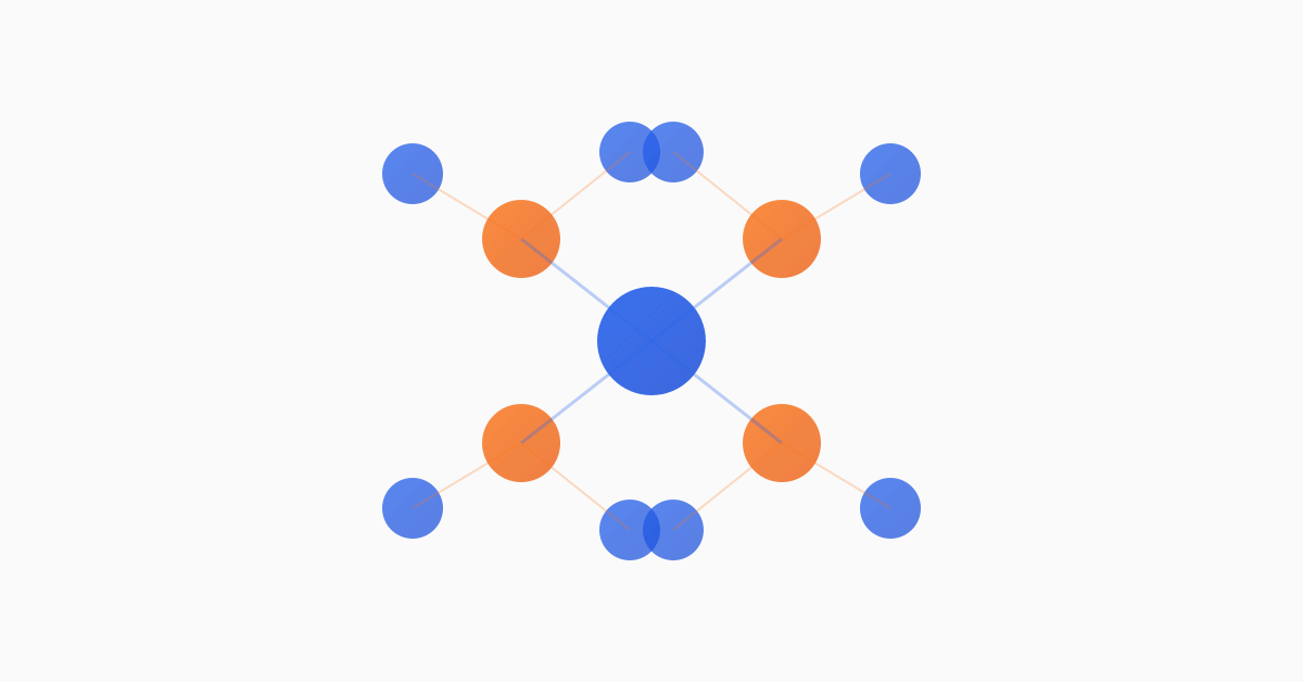 Molecular structure diagram in cobalt and tangerine with central hub