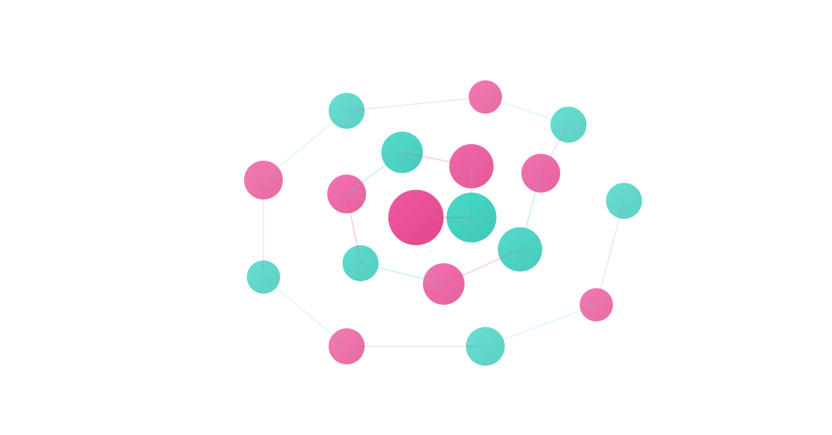 Spiral pattern network in magenta and seafoam flowing from center outward